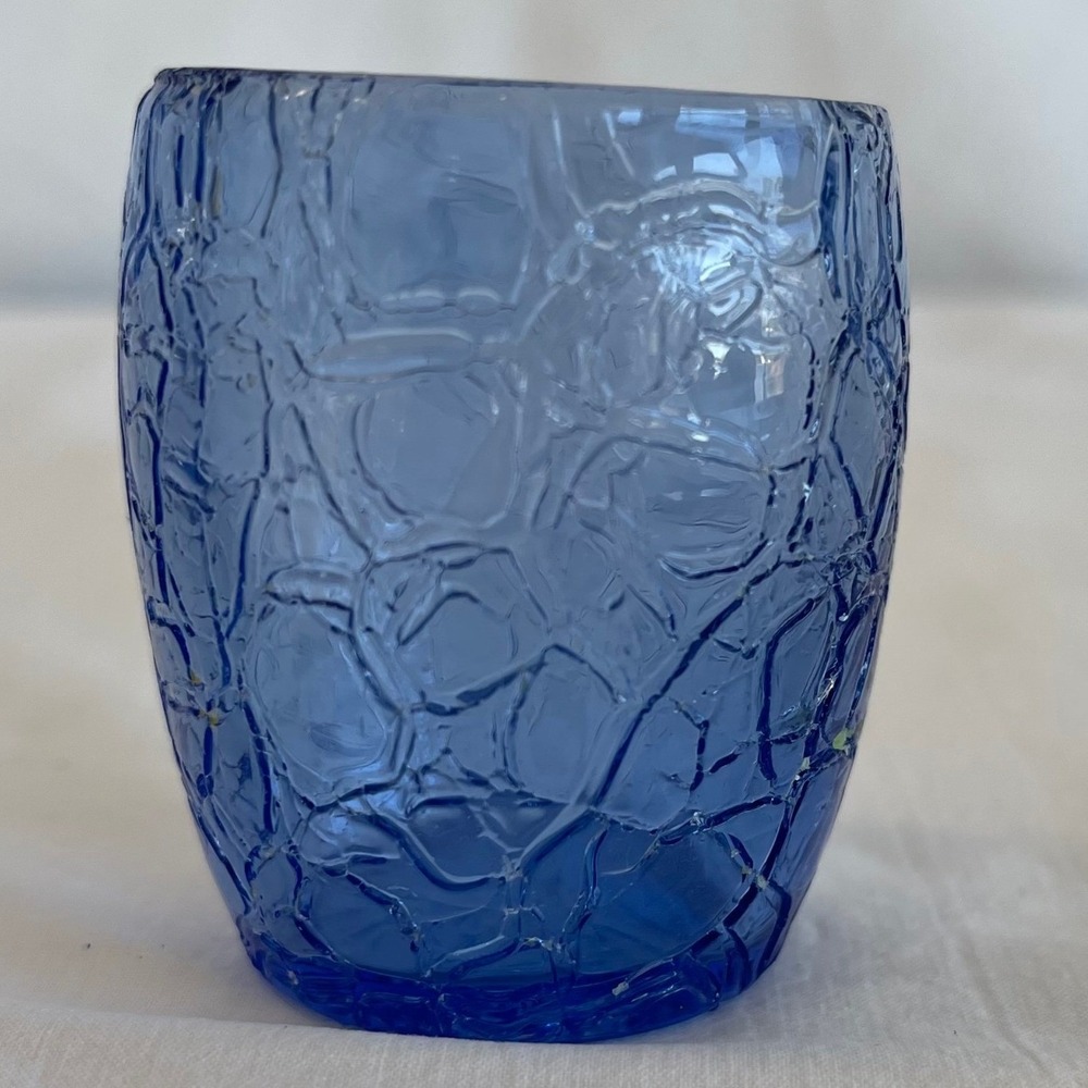 Blue Crackle Glass Votive Candle Holder Small Juice Tumbler Textured Blue Glass